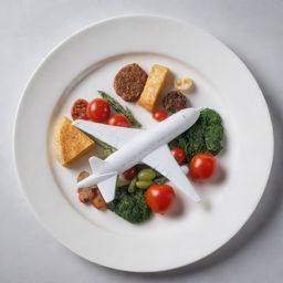 A gourmet meal beautifully arranged on a plate with a small, intricately detailed model airplane expressing passion for travel and culinary arts.