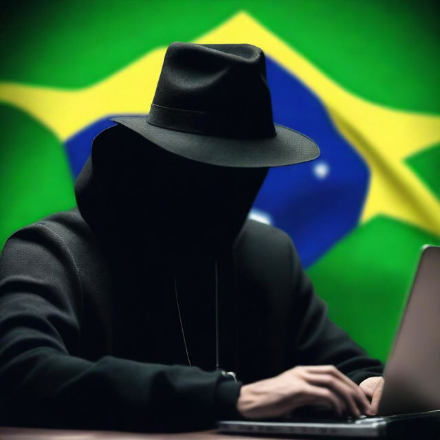 A hacker wearing a black hat and dark clothing, working on a computer