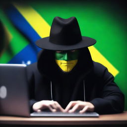 A hacker wearing a black hat and dark clothing, working on a computer