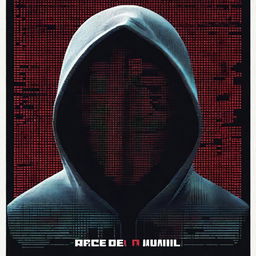 A movie poster featuring a mysterious hacker in a dark room filled with computer screens and digital codes