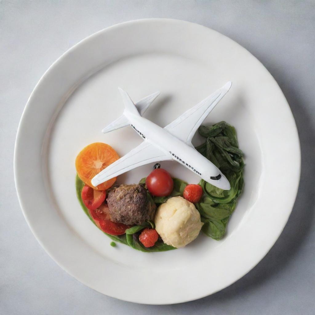 A gourmet meal beautifully arranged on a plate with a small, intricately detailed model airplane expressing passion for travel and culinary arts.