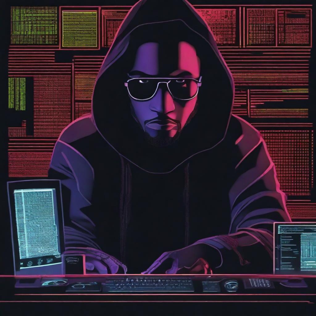 Create a movie poster featuring a black hacker with a serious expression, surrounded by computer screens and code