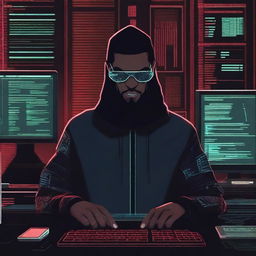 Create a movie poster featuring a black hacker with a serious expression, surrounded by computer screens and code