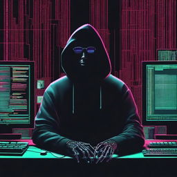 Create a movie poster featuring a black hacker with a serious expression, surrounded by computer screens and code