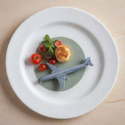 A gourmet meal beautifully arranged on a plate with a small, intricately detailed model airplane expressing passion for travel and culinary arts.