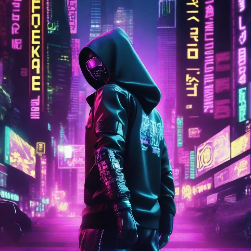 Create a movie poster featuring a cyberpunk hacker in a futuristic cityscape