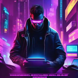 Create a movie poster featuring a cyberpunk hacker in a futuristic cityscape