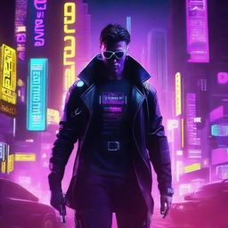 Create a movie poster featuring a cyberpunk hacker in a futuristic cityscape