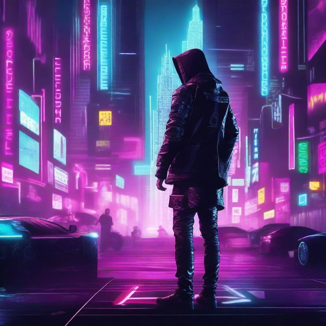 Create a movie poster featuring a cyberpunk hacker in a futuristic cityscape