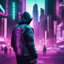 Create a movie poster featuring a cyberpunk hacker in a futuristic cityscape