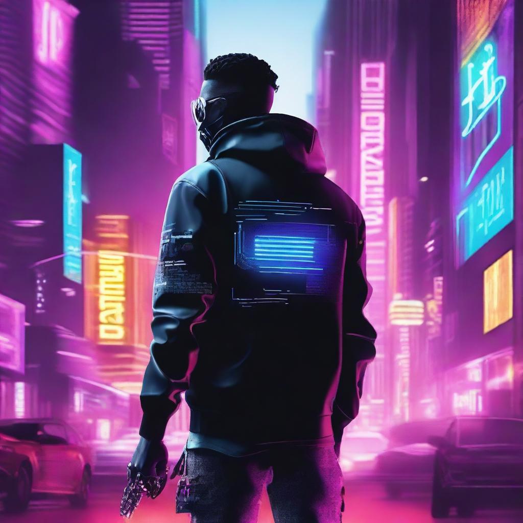 Create a movie poster featuring a cyberpunk hacker in a futuristic cityscape