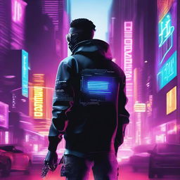 Create a movie poster featuring a cyberpunk hacker in a futuristic cityscape