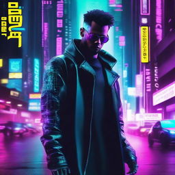 Create a movie poster featuring a cyberpunk hacker in a futuristic cityscape