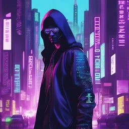 Create a movie poster featuring a cyberpunk hacker in a futuristic cityscape