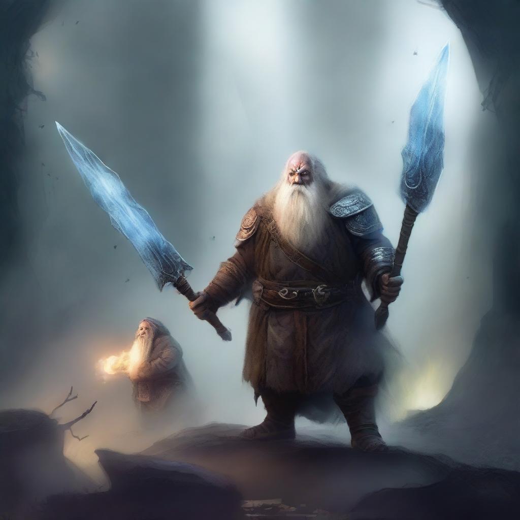 A dwarf warrior holding a glaive stands valiantly, while behind him, a ghostly apparition of another dwarf looms