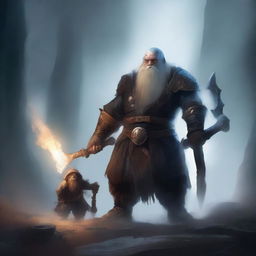 A dwarf warrior holding a glaive stands valiantly, while behind him, a ghostly apparition of another dwarf looms