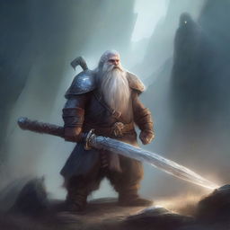 A dwarf warrior holding a glaive stands valiantly, while behind him, a ghostly apparition of another dwarf looms