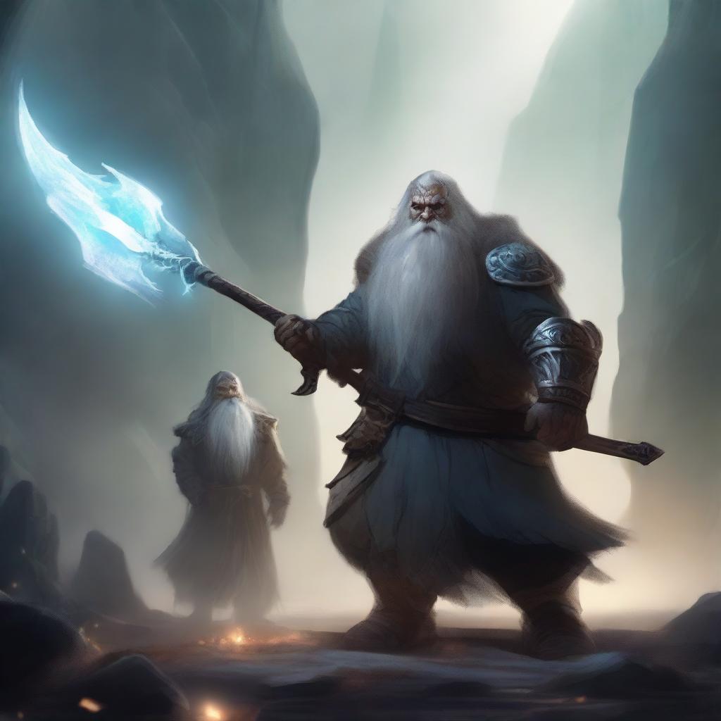 A dwarf warrior holding a glaive stands valiantly, while behind him, a ghostly apparition of another dwarf looms