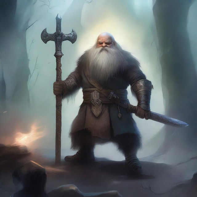 A dwarf warrior holding a glaive stands valiantly, while behind him, a ghostly apparition of another dwarf looms