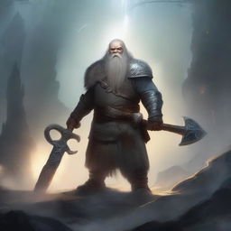 A dwarf warrior holding a glaive stands valiantly, while behind him, a ghostly apparition of another dwarf looms