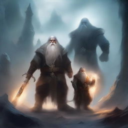 A dwarf warrior holding a glaive stands valiantly, while behind him, a ghostly apparition of another dwarf looms