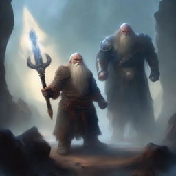 A dwarf warrior holding a glaive stands valiantly, while behind him, a ghostly apparition of another dwarf looms