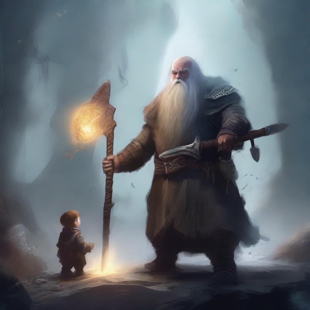 A young dwarf warrior holding a glaive stands valiantly, while behind him, a ghostly apparition of another dwarf looms