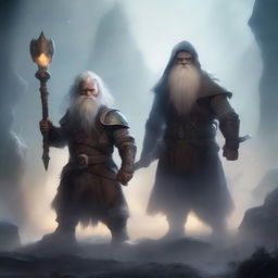 A young dwarf warrior holding a glaive stands valiantly, while behind him, a ghostly apparition of another dwarf looms