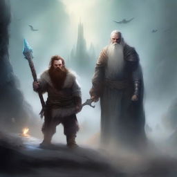 A young dwarf warrior holding a glaive stands valiantly, while behind him, a ghostly apparition of another dwarf looms