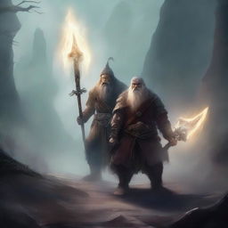 A young dwarf warrior holding a glaive stands valiantly, while behind him, a ghostly apparition of another dwarf looms