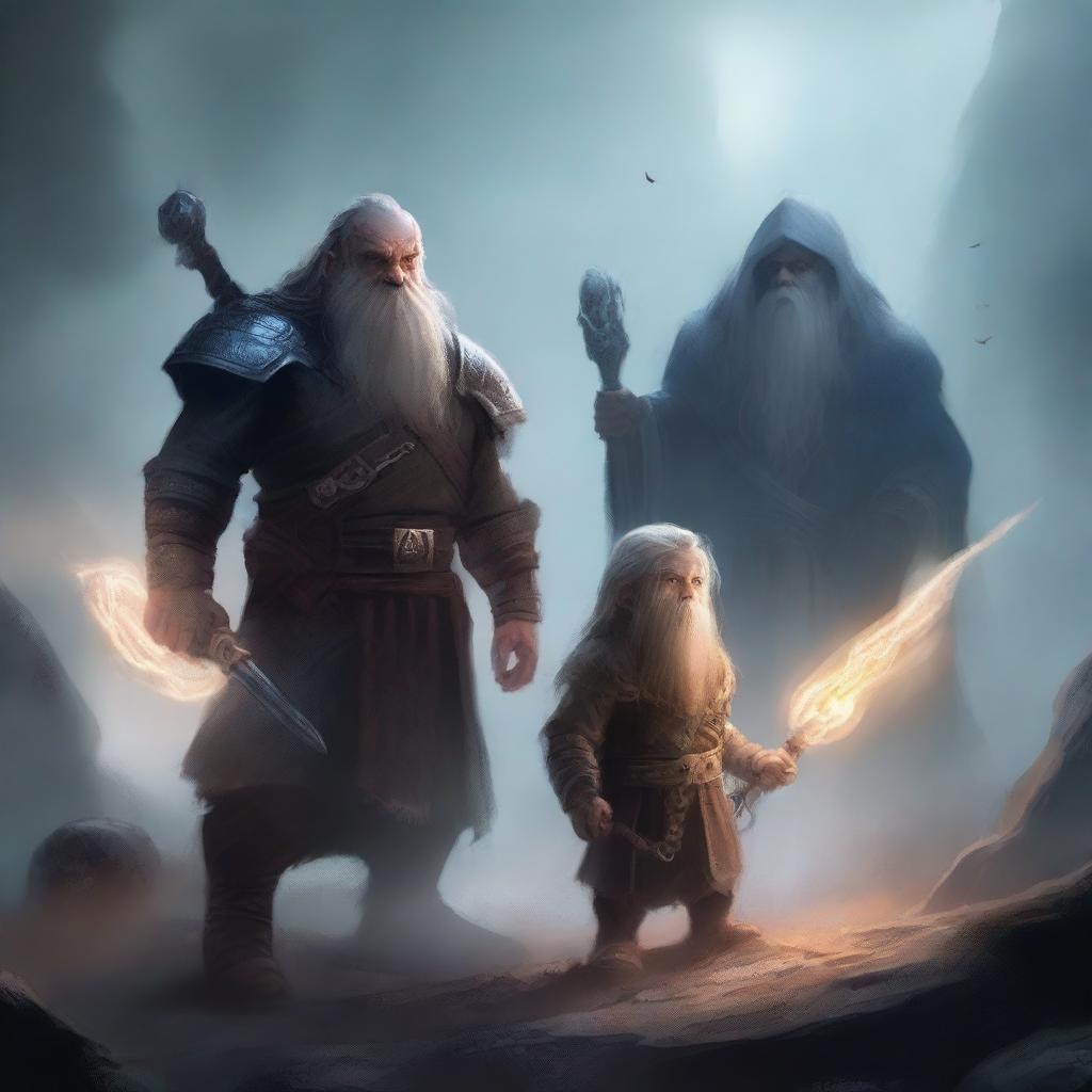 A young dwarf warrior holding a glaive stands valiantly, while behind him, a ghostly apparition of another dwarf looms