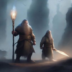 A young dwarf warrior holding a glaive stands valiantly, while behind him, a ghostly apparition of another dwarf looms