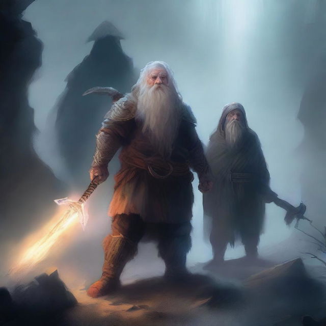 A young dwarf warrior holding a glaive stands valiantly, while behind him, a ghostly apparition of another dwarf looms