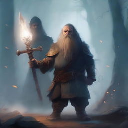 A young dwarf warrior holding a glaive stands valiantly, while behind him, a ghostly apparition of another dwarf looms