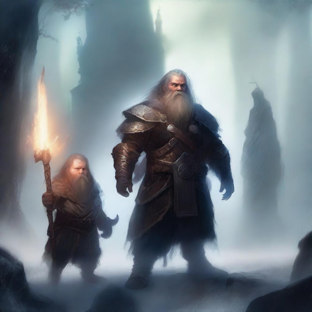 A young dwarf warrior holding a glaive stands valiantly, while behind him, a ghostly apparition of another dwarf looms