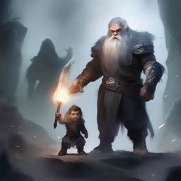 A young dwarf warrior holding a glaive stands valiantly, while behind him, a ghostly apparition of another dwarf looms