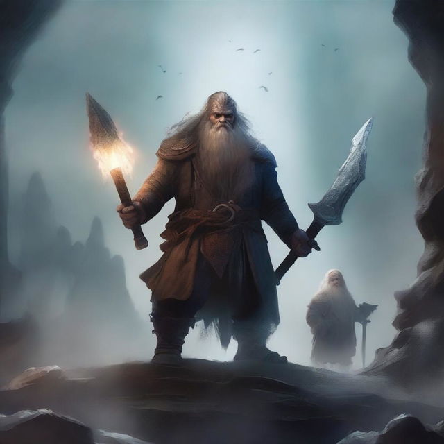 A young dwarf warrior holding a glaive stands valiantly, while behind him, a ghostly apparition of another dwarf looms