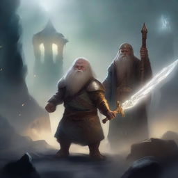 A young dwarf warrior holding a glaive stands valiantly, while behind him, a ghostly apparition of another dwarf looms