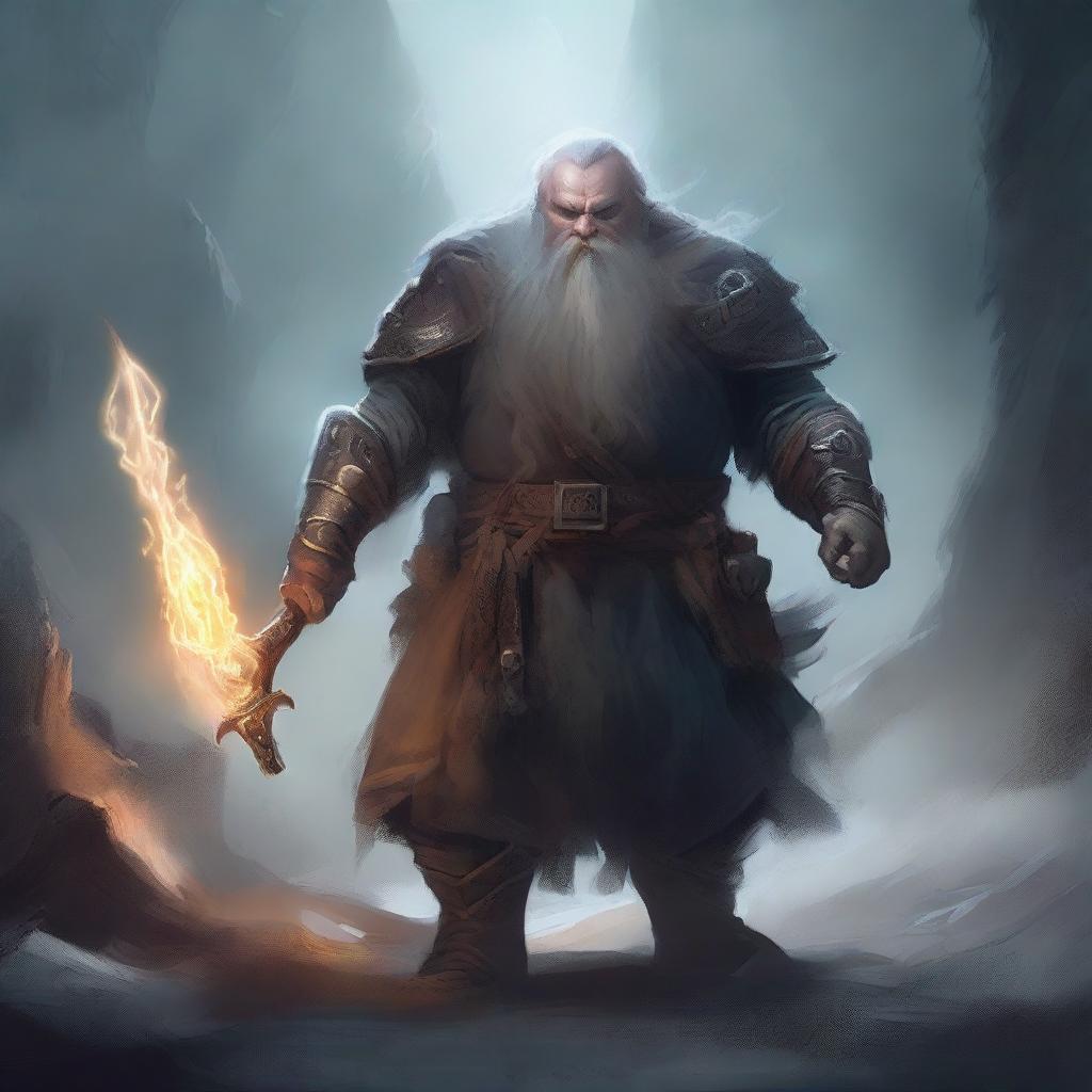 A young dwarf warrior holding a glaive stands valiantly, while behind him, a ghostly apparition of another dwarf looms