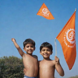 A young boy holding a 'Jai Shree Ram' flag, displaying it with pride and enthusiasm. He's standing against a clear blue sky.