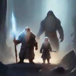 A young dwarf warrior holding a glaive stands valiantly, while behind him, a ghostly apparition of another dwarf looms