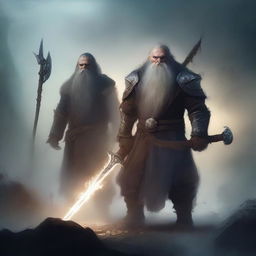 A young dwarf warrior holding a glaive stands valiantly, while behind him, a ghostly apparition of another dwarf looms