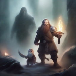 A young dwarf warrior holding a glaive stands valiantly, while behind him, a ghostly apparition of another dwarf looms