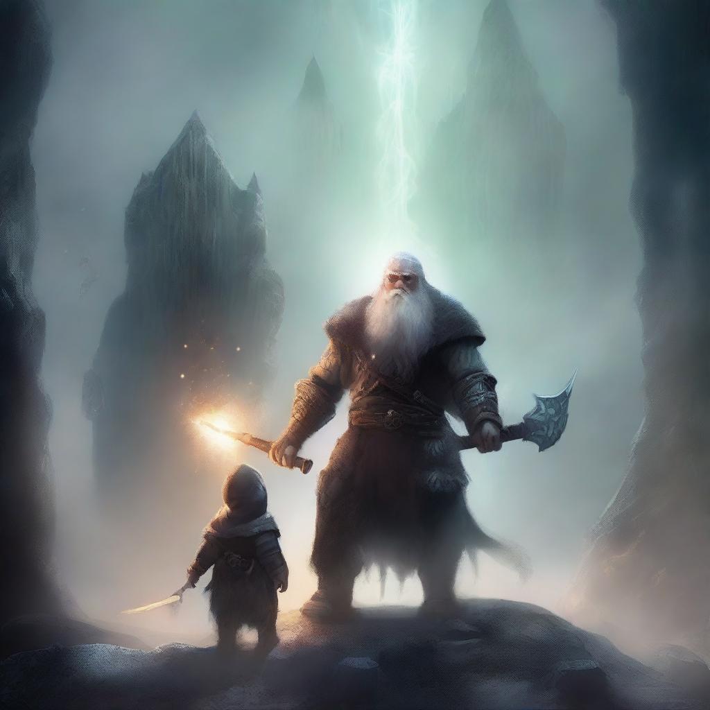 A young dwarf warrior holding a glaive stands valiantly, while behind him, a ghostly apparition of another dwarf looms