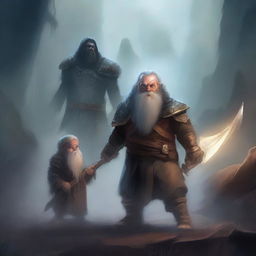 A young dwarf warrior holding a glaive stands valiantly, while behind him, a ghostly apparition of another dwarf looms