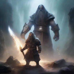 A young dwarf warrior holding a glaive stands valiantly, while behind him, a ghostly apparition of another dwarf looms