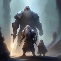 A young dwarf warrior holding a glaive stands valiantly, while behind him, a ghostly apparition of another dwarf looms