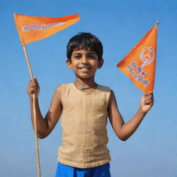 A young boy holding a 'Jai Shree Ram' flag, displaying it with pride and enthusiasm. He's standing against a clear blue sky.