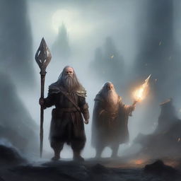 A young dwarf warrior holding a glaive stands valiantly, while behind him, a ghostly apparition of another dwarf looms