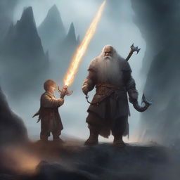 A young dwarf warrior holding a glaive stands valiantly, while behind him, a ghostly apparition of another dwarf looms